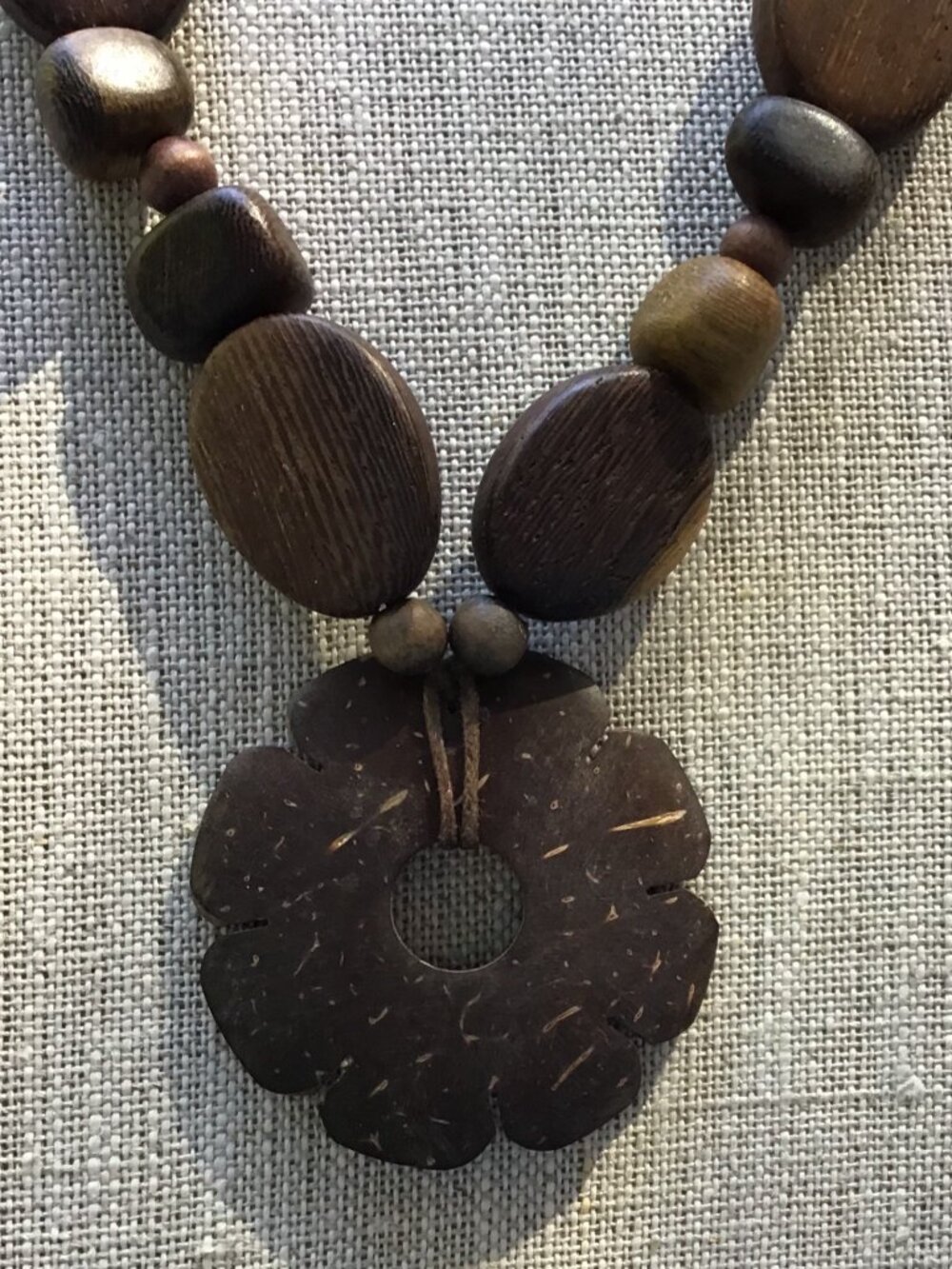 Vintage Coconut Shell Flower Pendant Necklace With Wooden Beads 23" Long